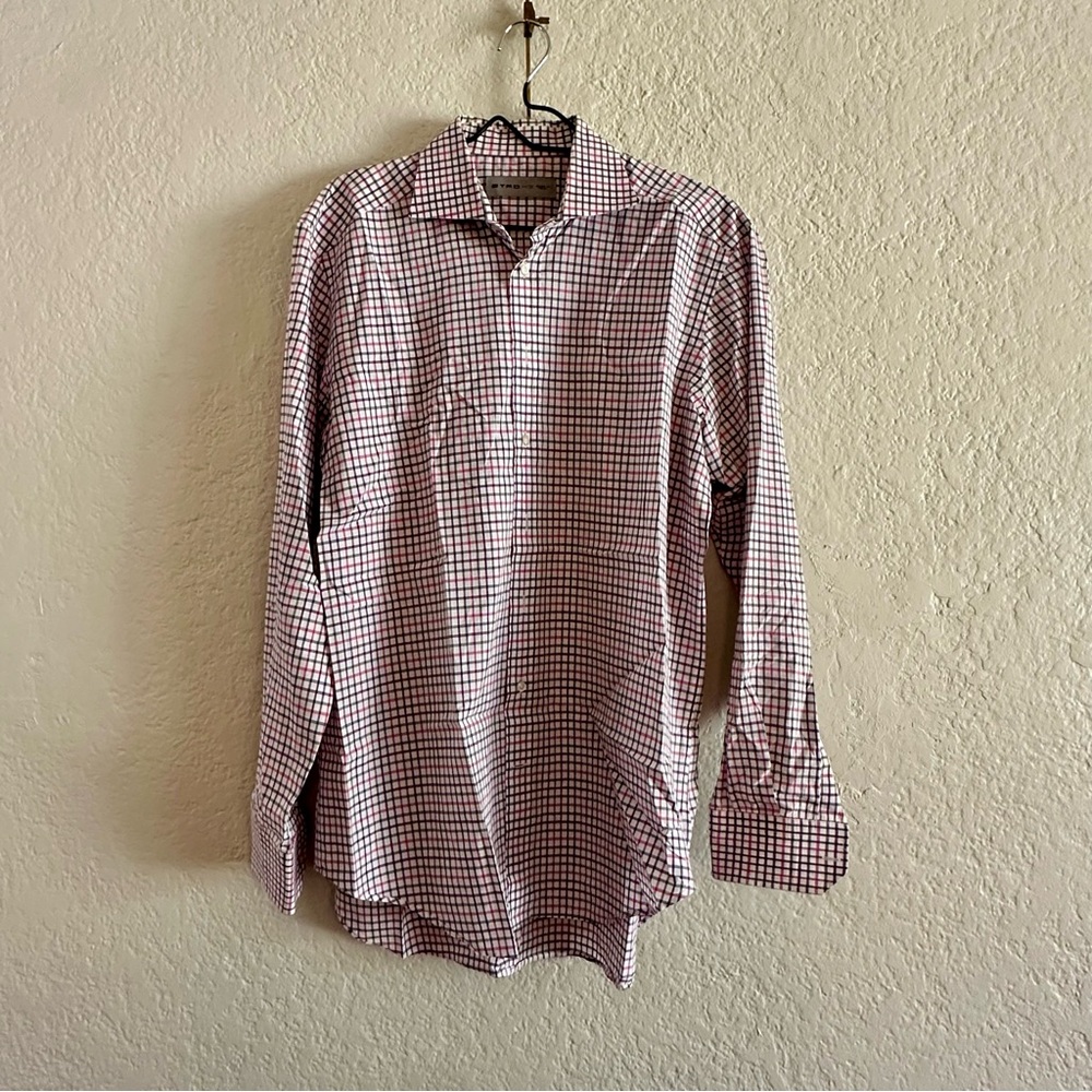 ETRO Men’s Designer Button Down Shirt Pink Black Check Pattern Size XL Cotton